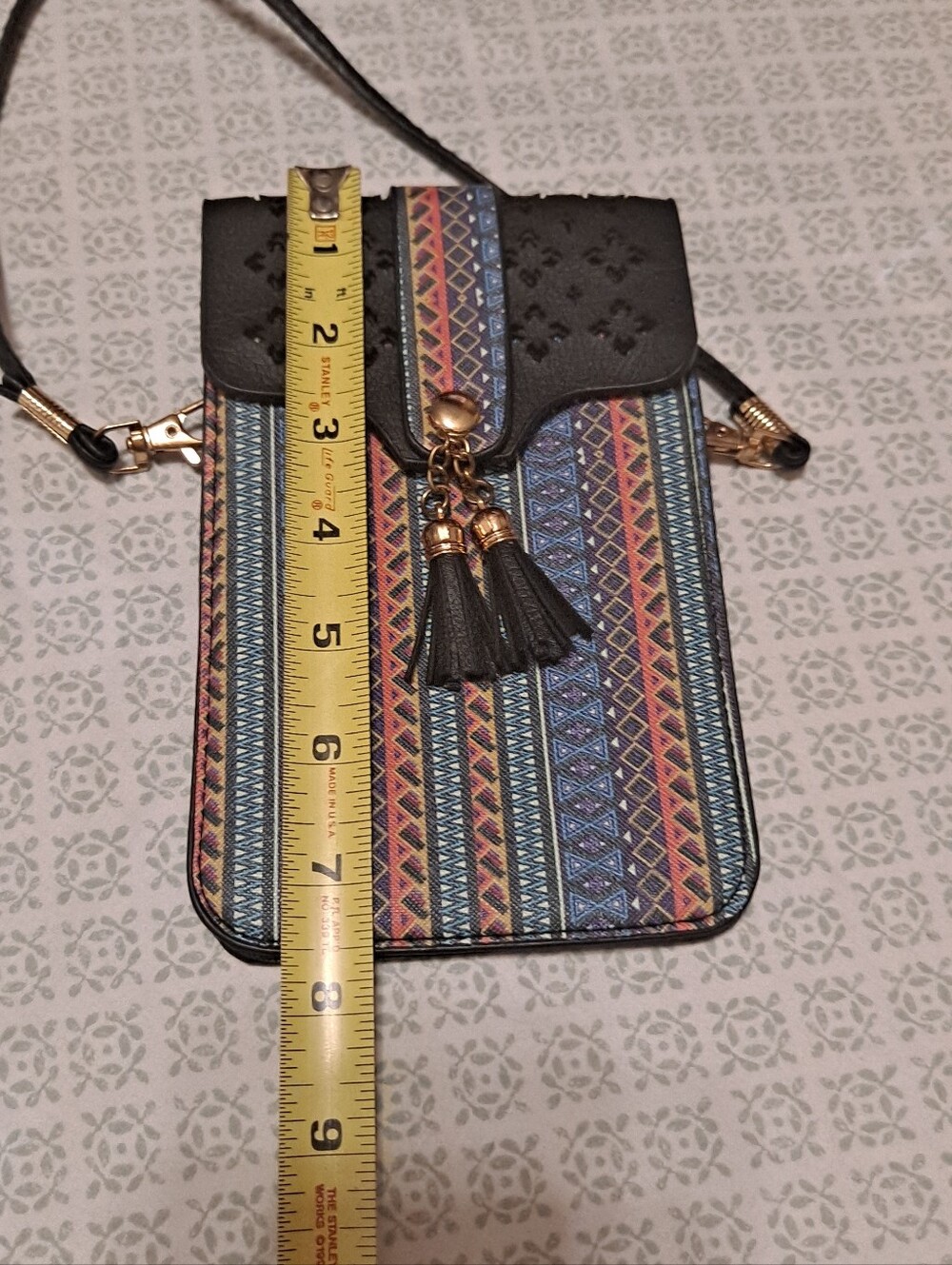 Patterned Crossbody Phone Bag with Tassels - Black & Multi - Picture 3 of 6
